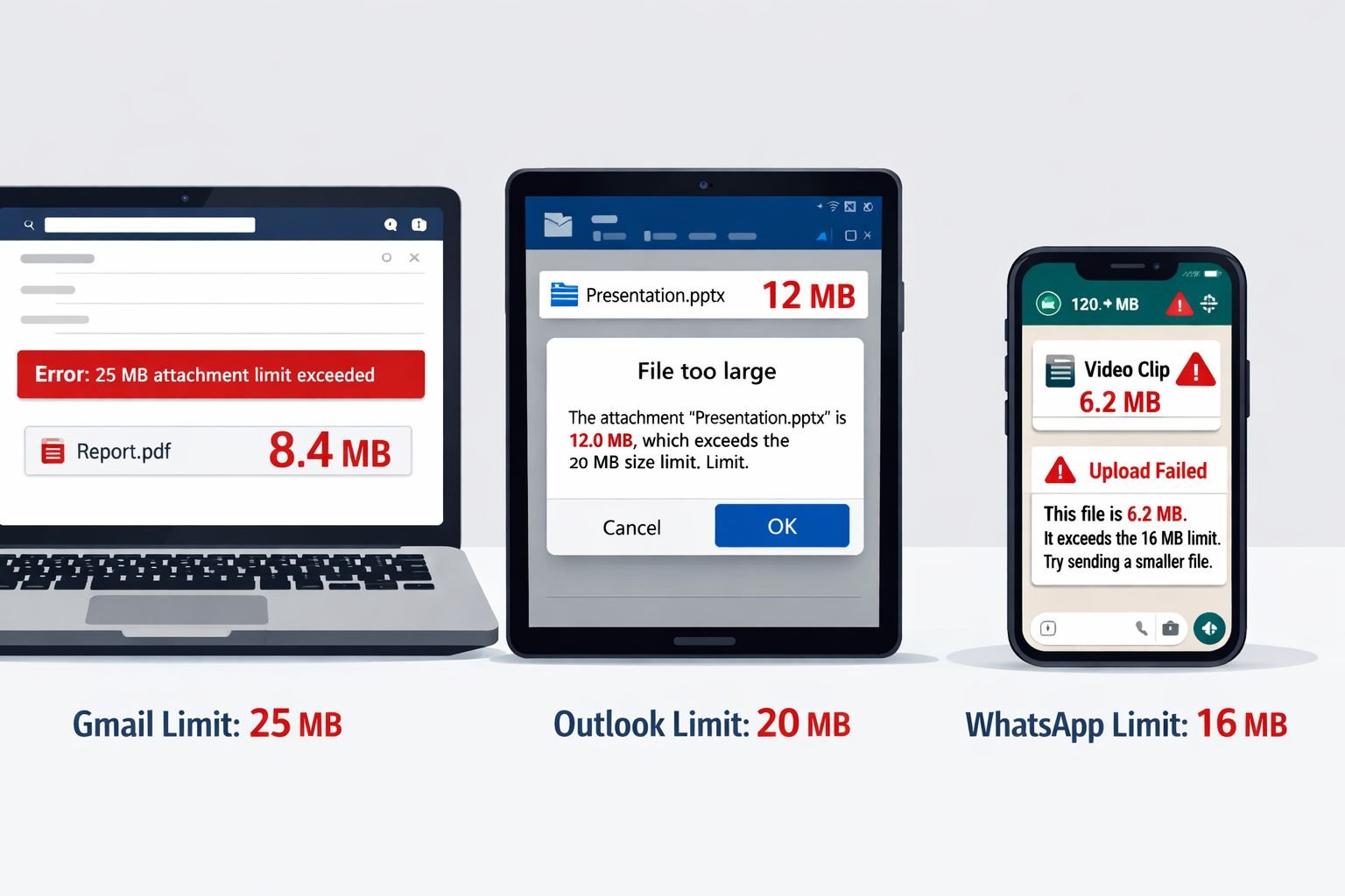 () editorial illustration showing three side-by-side smartphone and laptop screens: Gmail on laptop showing '25 MB