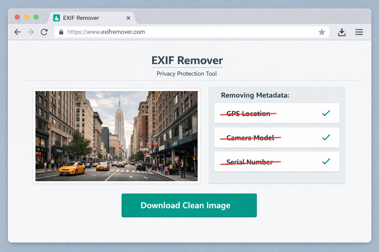 () screenshot-style illustration of a browser window open on a privacy-focused EXIF remover tool interface. A JPEG photo of