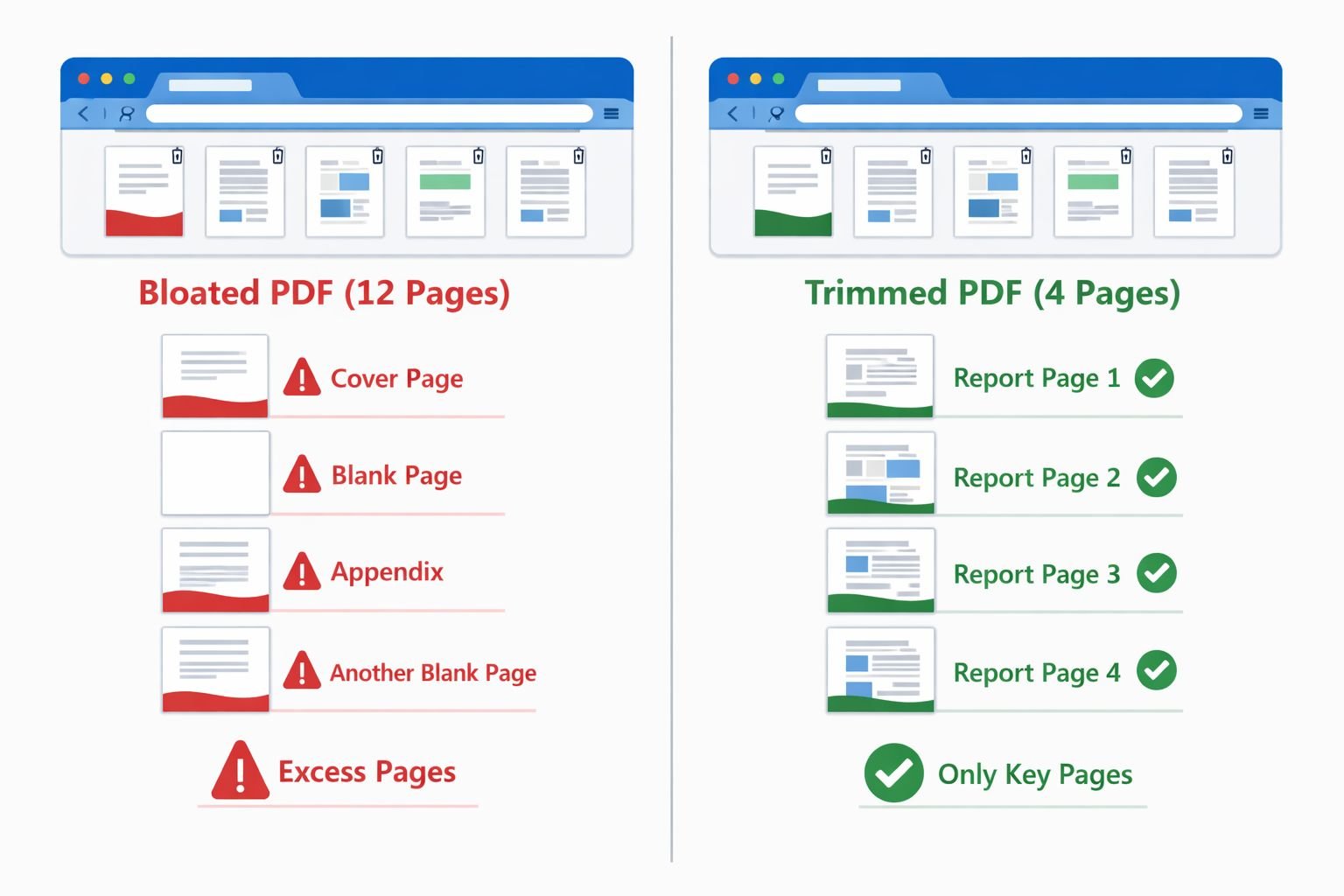 () infographic-style illustration showing a split-screen comparison: left side displays a bloated PDF with 12 pages