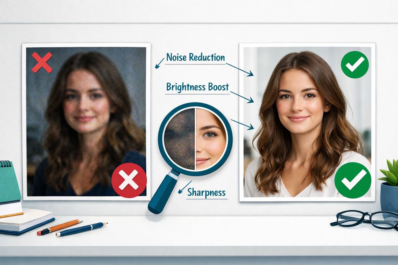 Detailed () conceptual illustration showing two side-by-side comparison panels on a clean white desk surface. Left panel: a
