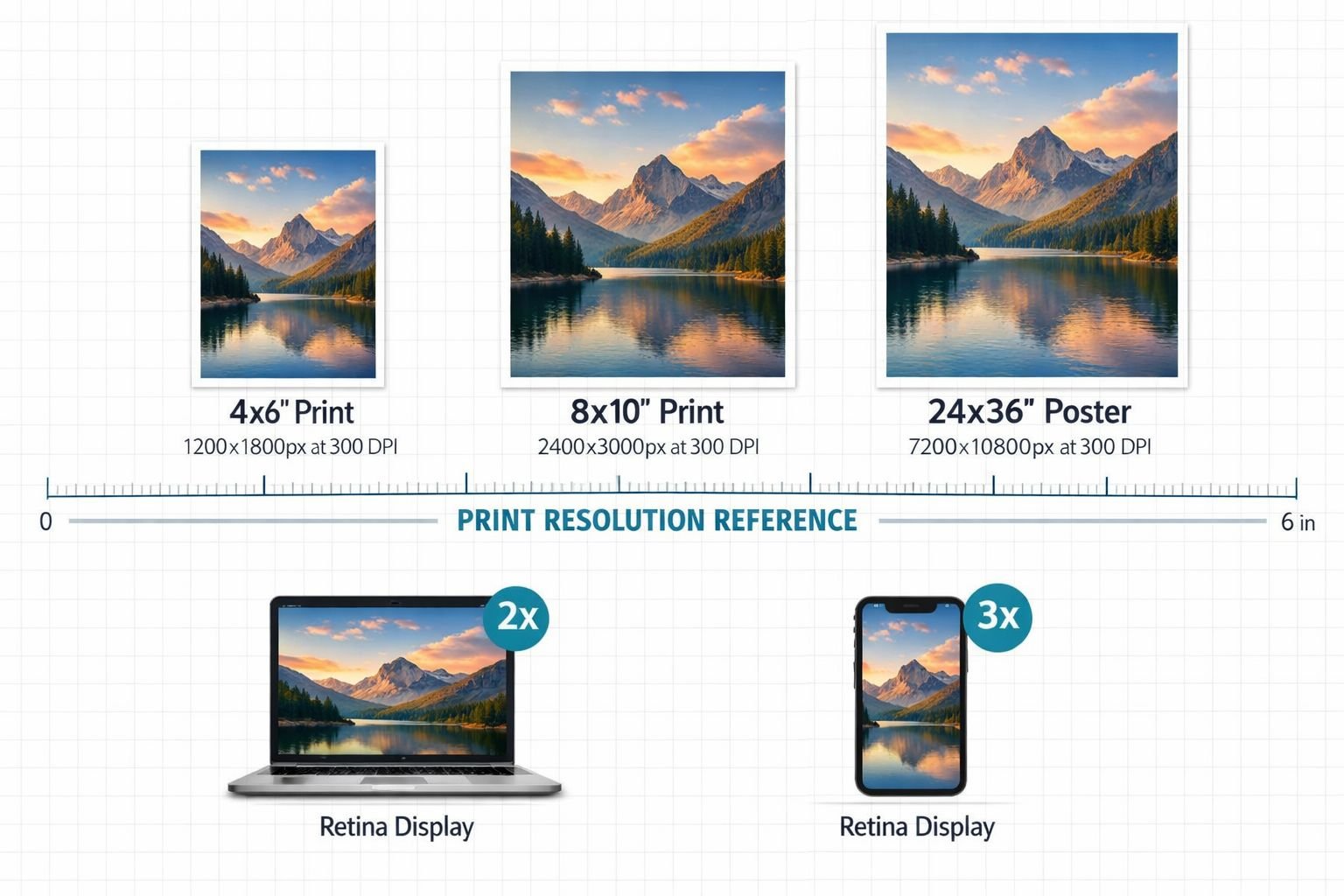 Detailed () infographic-style image showing a visual reference chart for print resolution. A ruler-like scale runs