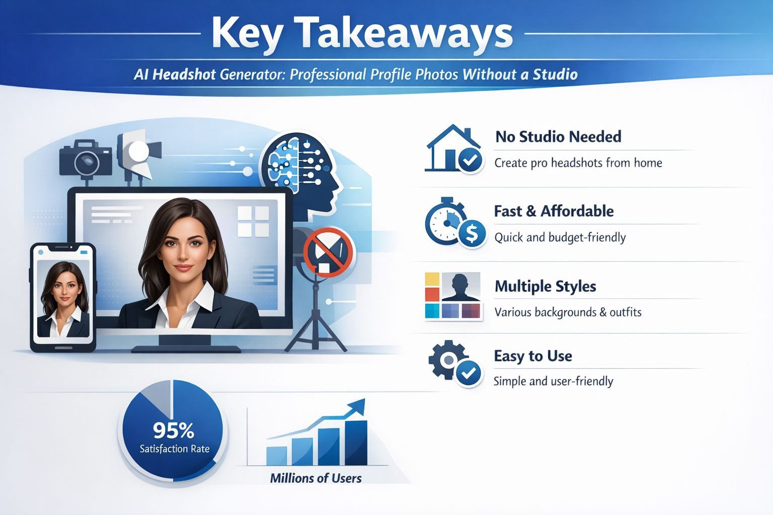 Professional landscape infographic () for article "AI Headshot Generator: Professional Profile Photos Without a Studio",