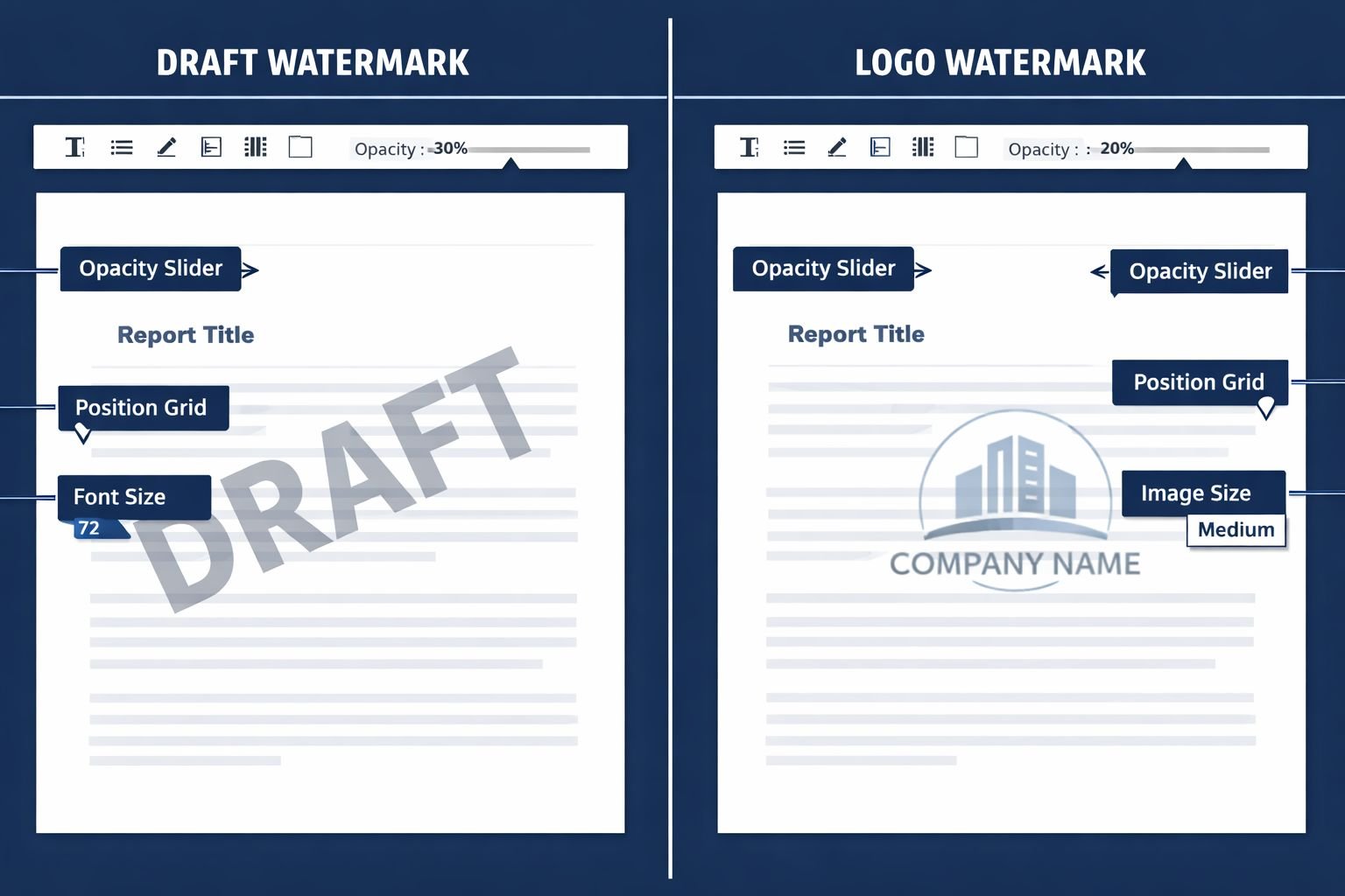 () editorial illustration showing a split-screen comparison: left side displays a PDF page with a diagonal 'DRAFT' text