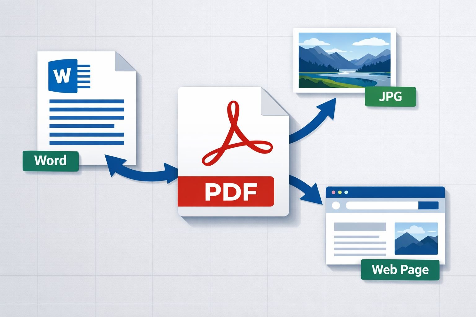 () editorial illustration showing three distinct source types &mdash; a Microsoft Word document, a JPG photo, and a browser