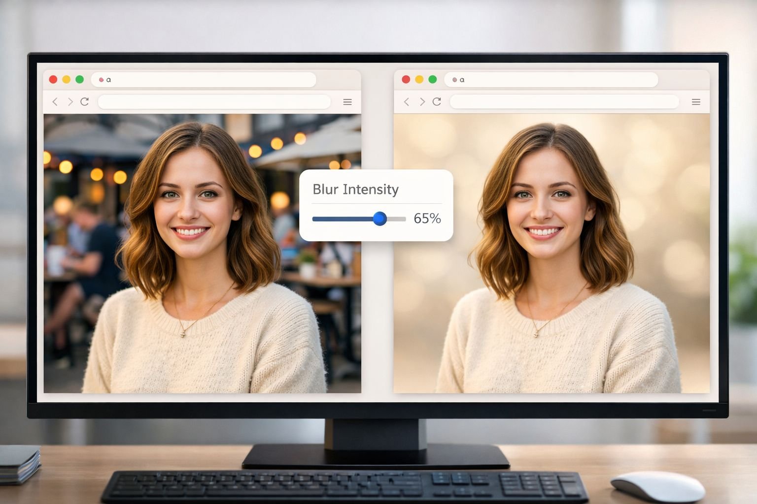 () editorial illustration showing two side-by-side browser windows on a modern desktop monitor. Left window displays a