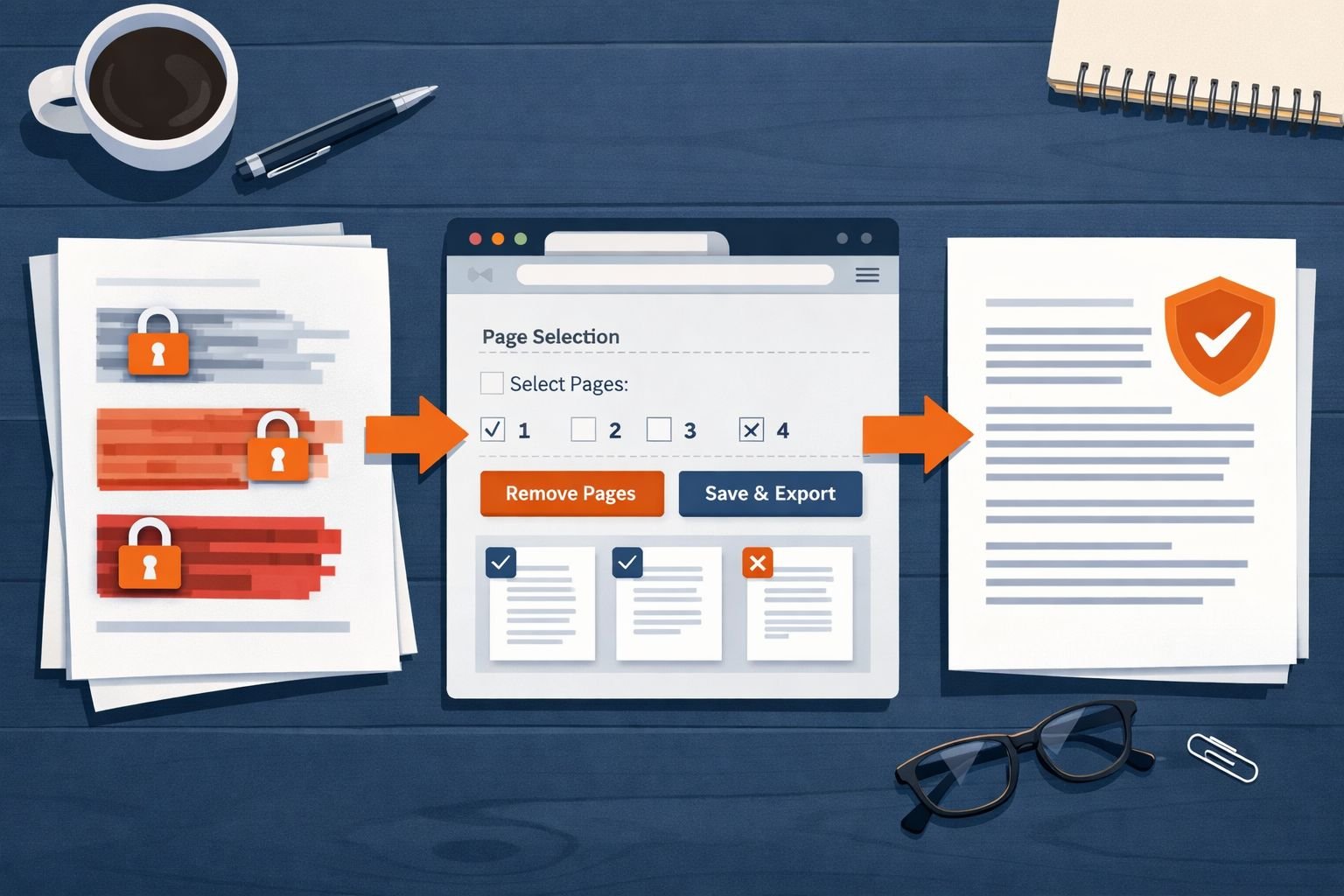 () concept illustration showing a privacy-focused PDF workflow: a document with pages containing sensitive data