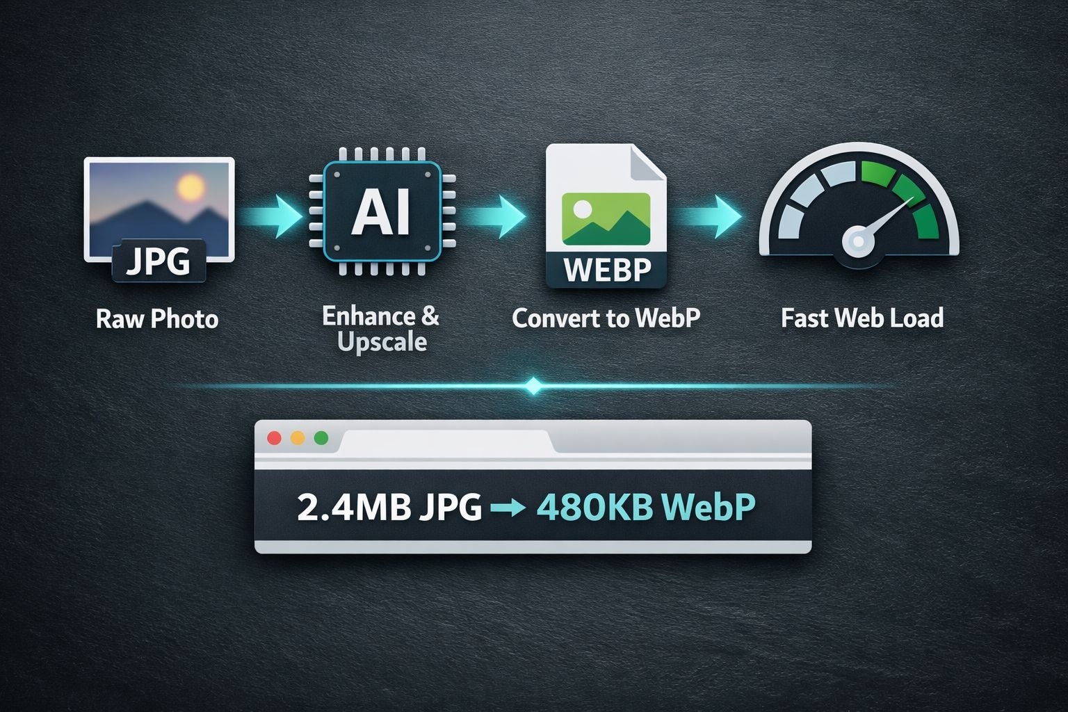 Detailed () workflow diagram illustration on a dark slate background showing a horizontal pipeline: Step 1 shows a blurry