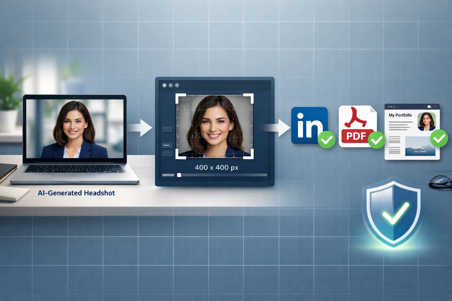 Detailed () conceptual editorial image showing a workflow sequence from left to right: an AI-generated headshot on a laptop