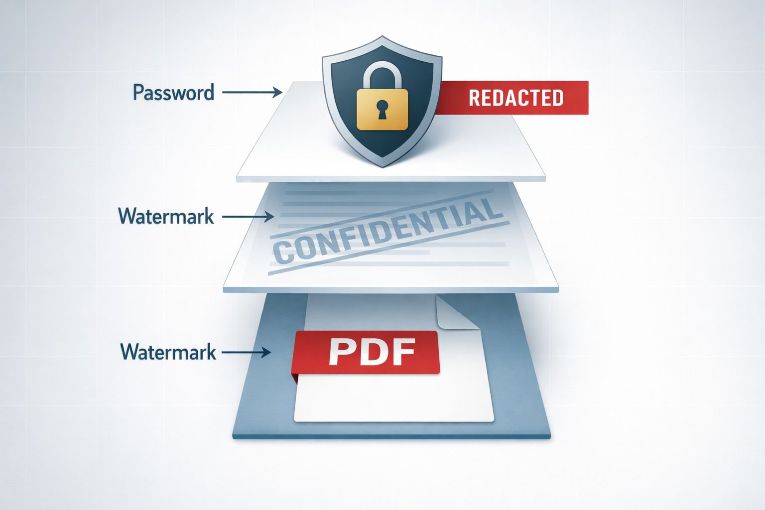 () concept illustration showing a layered security diagram for PDF documents: bottom layer is a plain PDF icon, middle layer