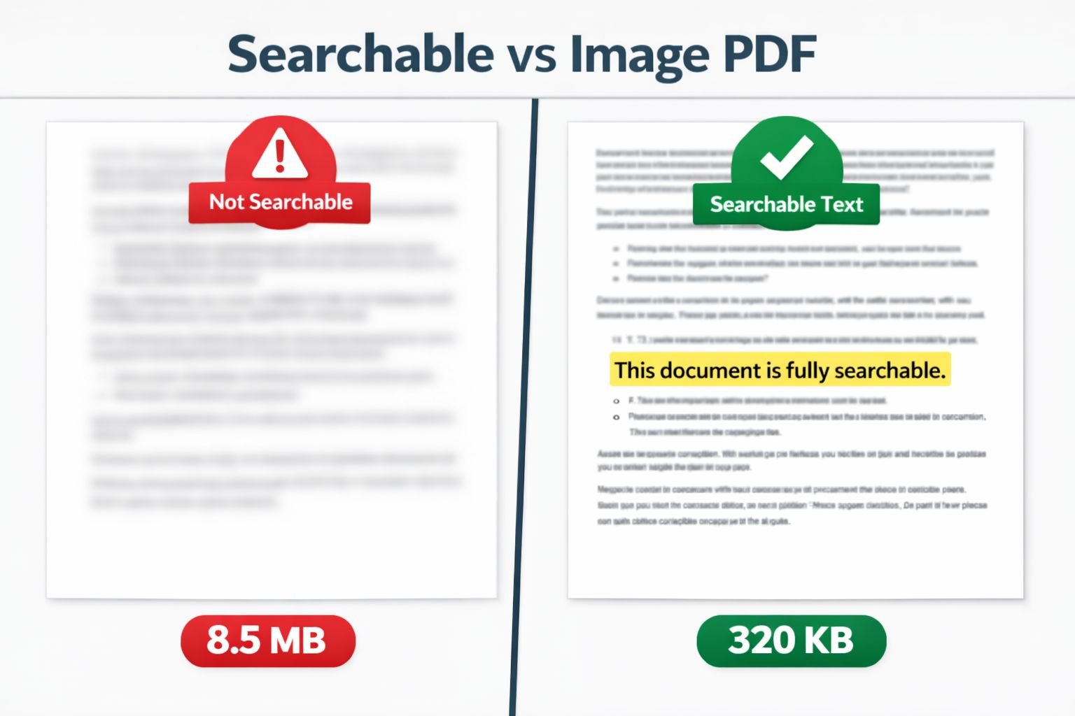 () split-screen concept image: left side shows a blurry, non-searchable scanned PDF page with a red 'not searchable' warning
