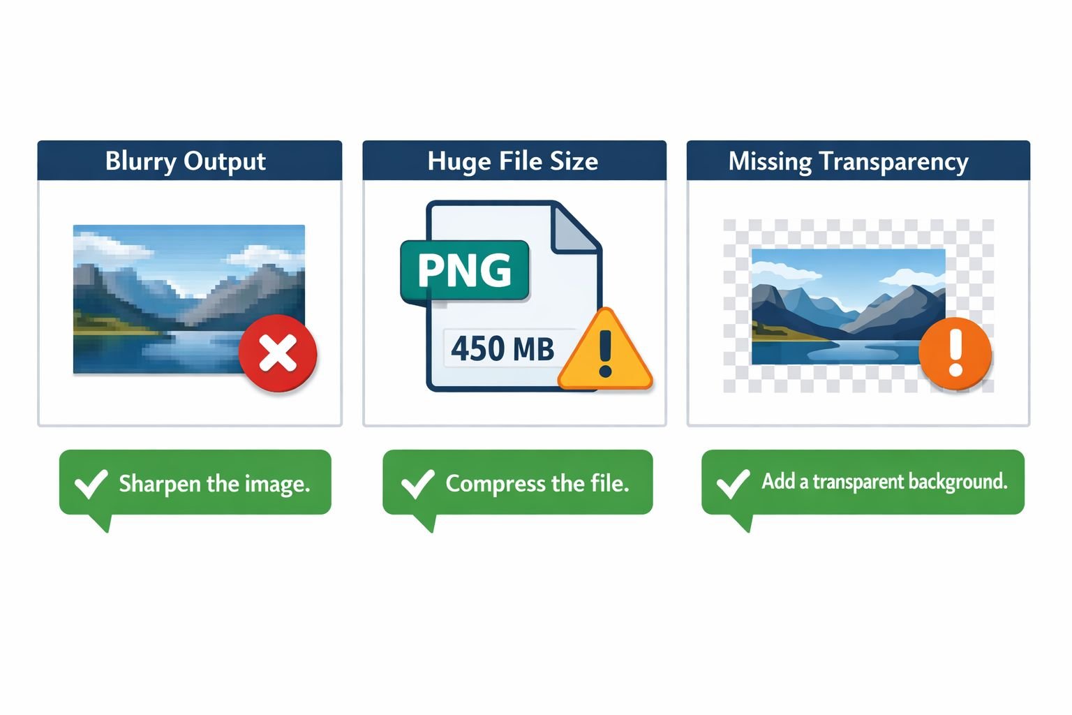 () troubleshooting concept illustration showing three side-by-side image panels: left panel labeled 'Blurry Output' with a