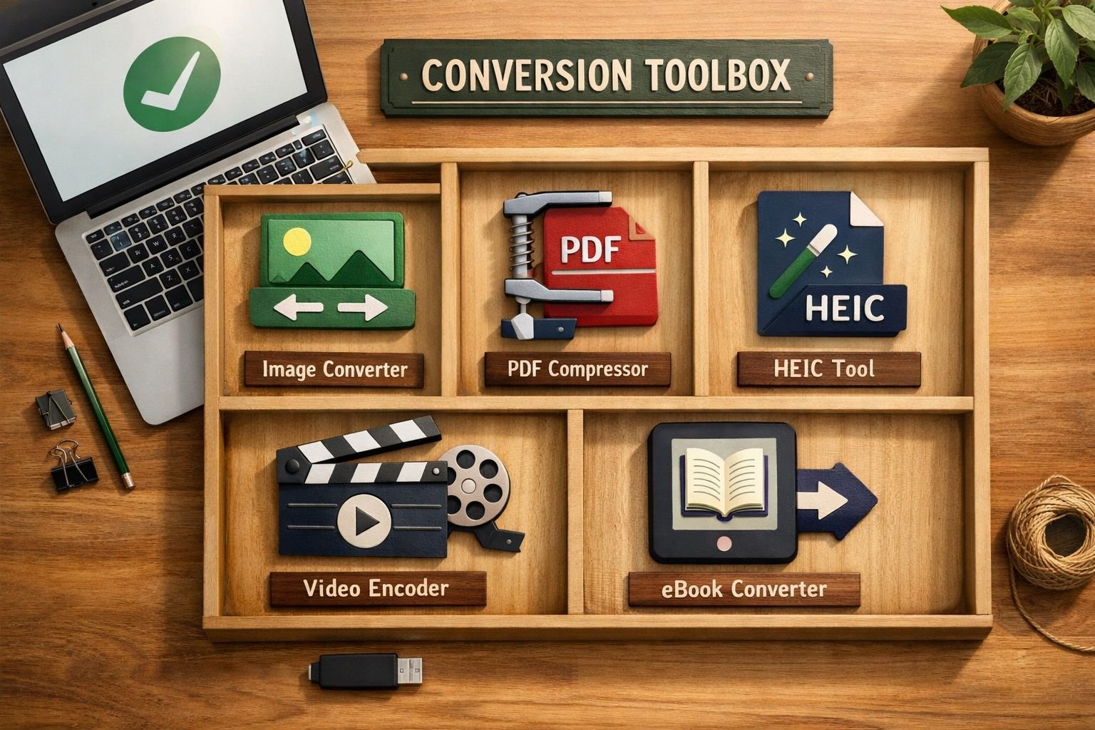 Landscape conceptual flat-lay image of a 'conversion toolbox' arranged on a clean desk surface: organized icons representing