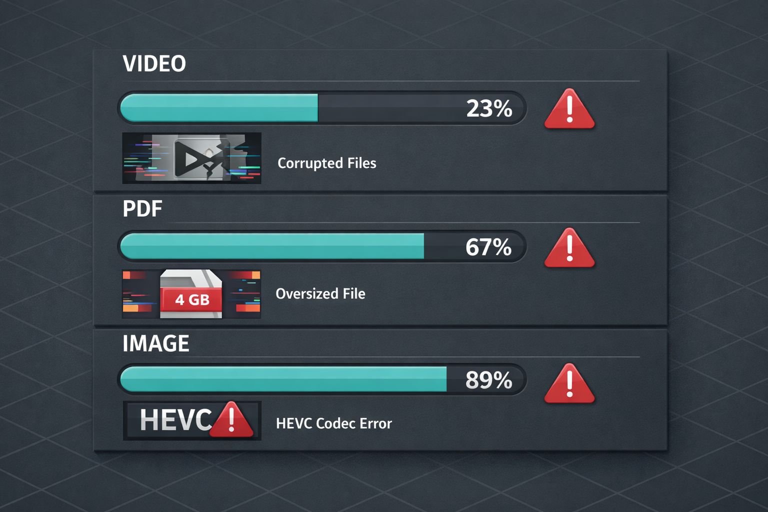Landscape illustration of a diagnostic dashboard concept showing three frozen progress bars labeled VIDEO, PDF, IMAGE stuck