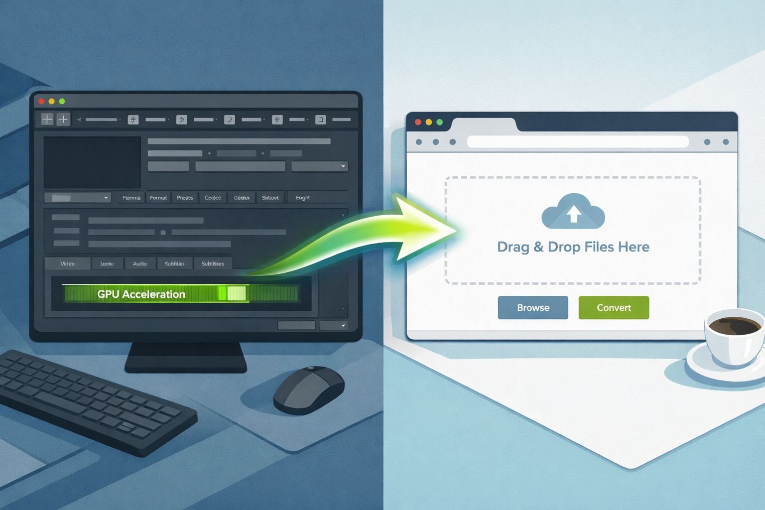 Landscape split-panel comparison image showing offline desktop converter on the left (HandBrake-style interface with GPU