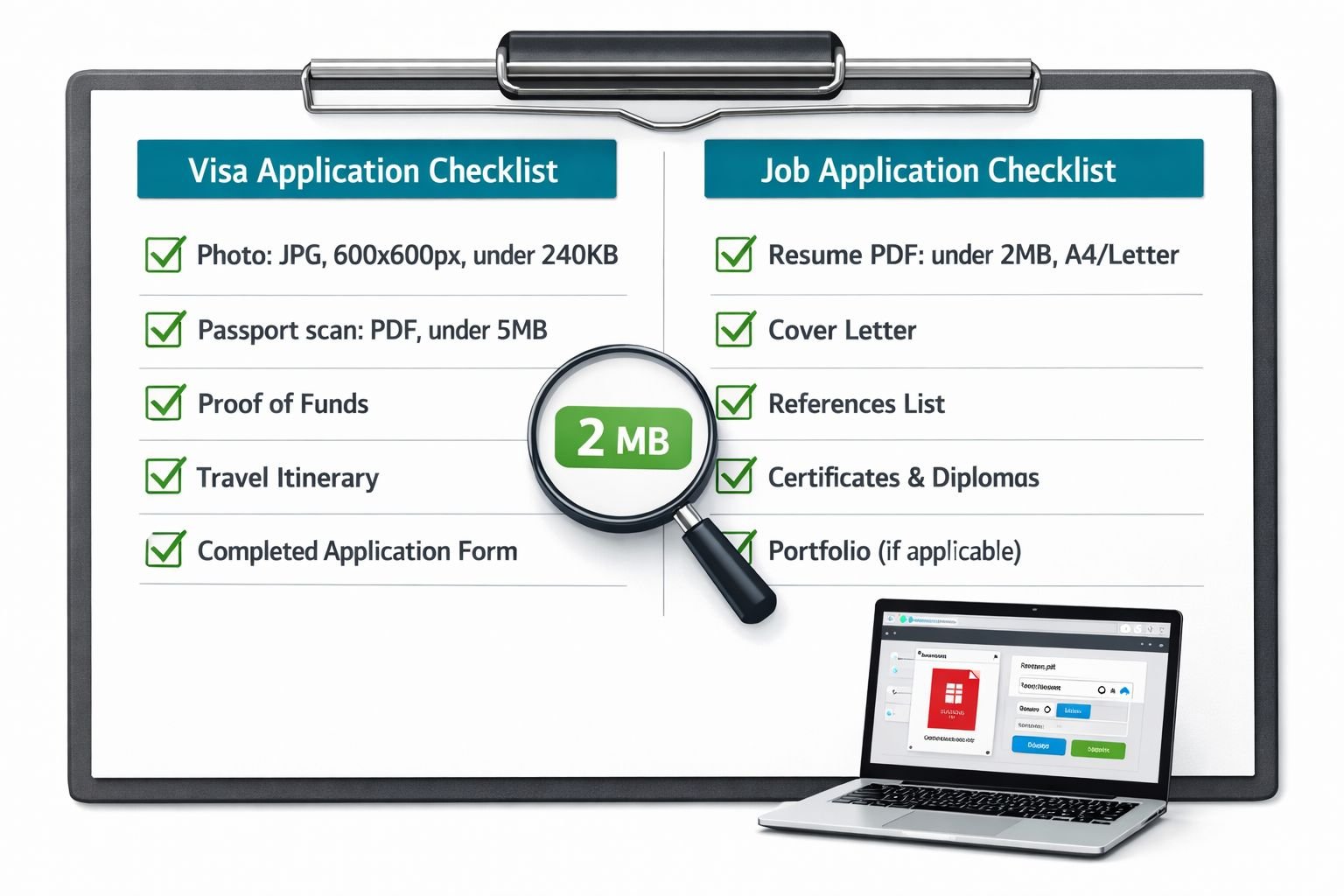 () checklist-style graphic on a white background with a clipboard illustration showing two columns: 'Visa Application