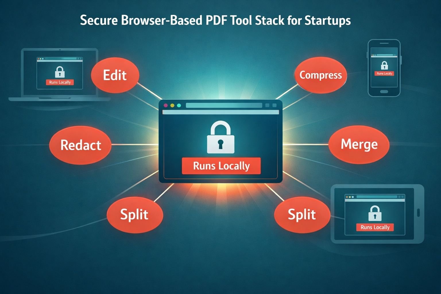 () conceptual diagram visualizing a secure browser-based PDF tool stack for startups. Center shows a glowing browser window