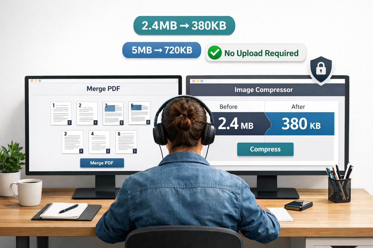 () conceptual illustration showing a freelancer at a minimal desk with two browser windows open side-by-side — one
