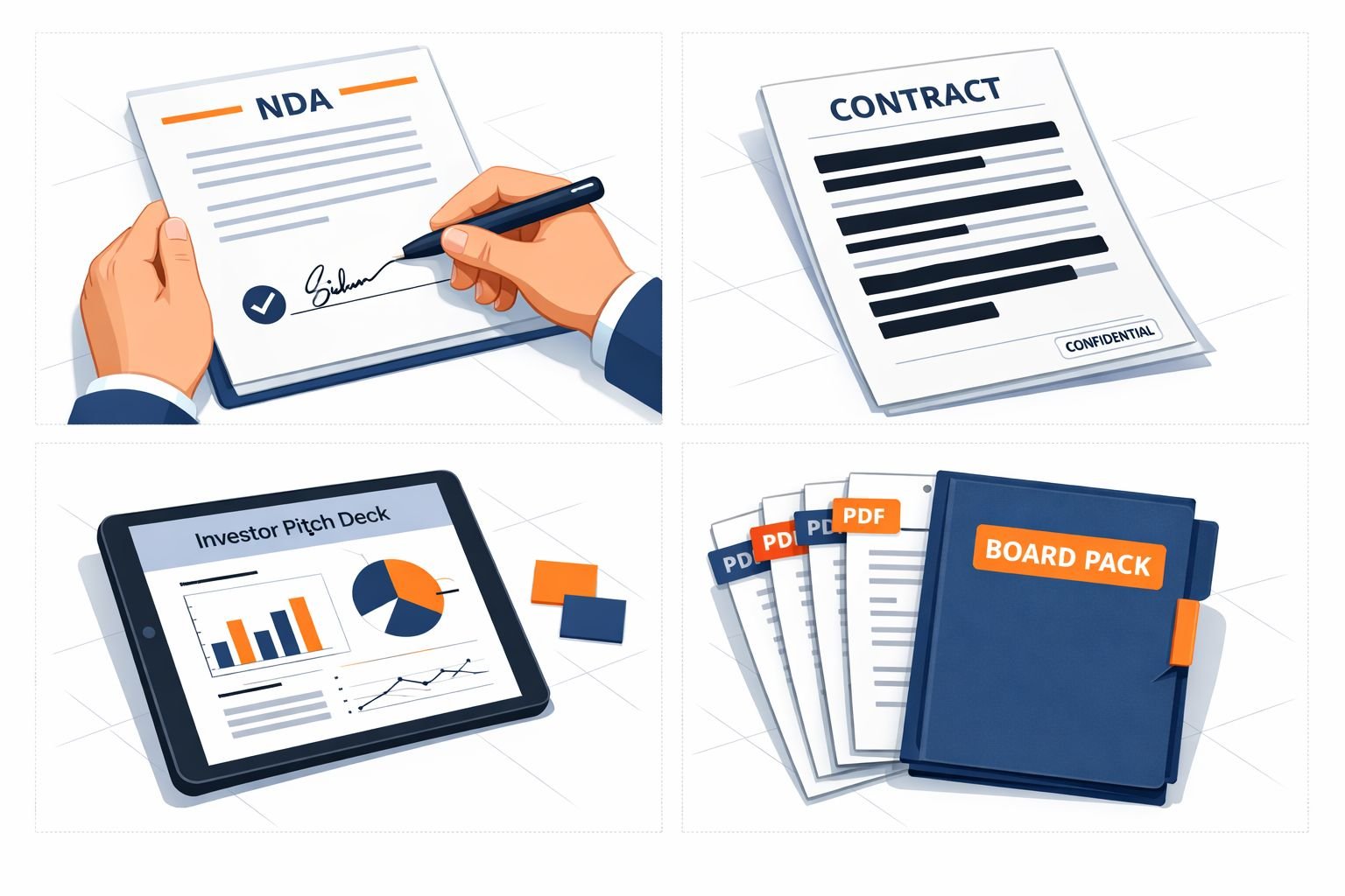() editorial illustration showing a four-panel split-screen layout representing core startup PDF tasks: top-left panel shows