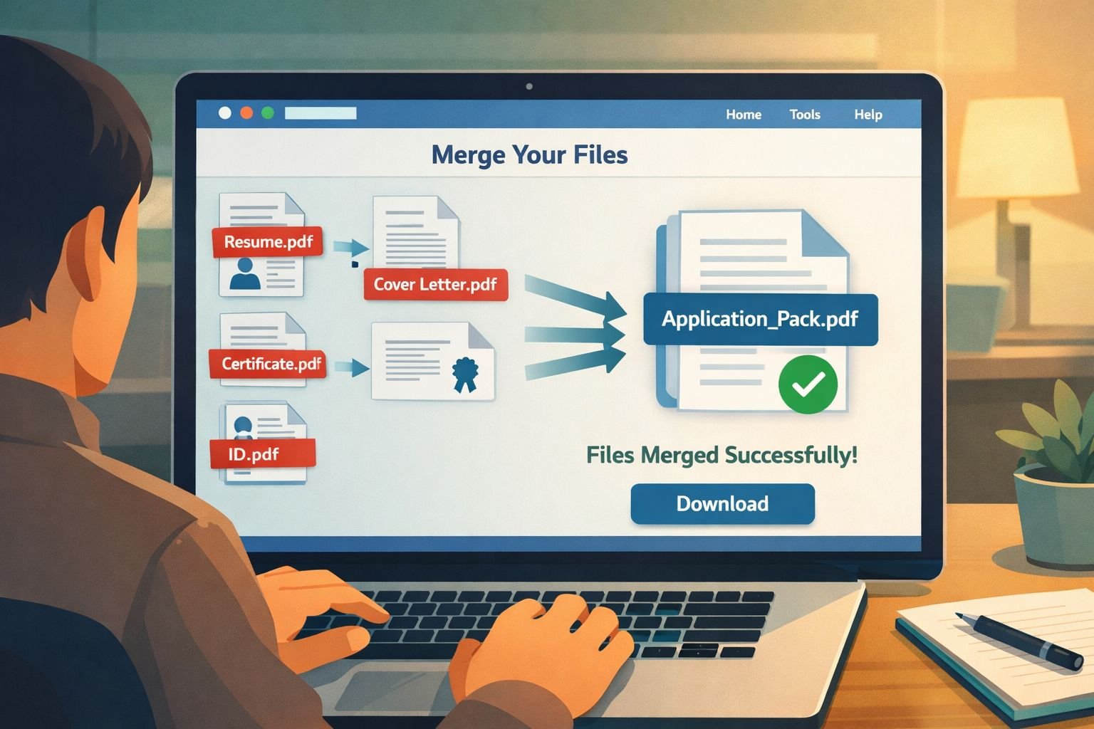 () editorial illustration showing a job applicant at a laptop screen with multiple PDF files labeled 'Resume.pdf', 'Cover