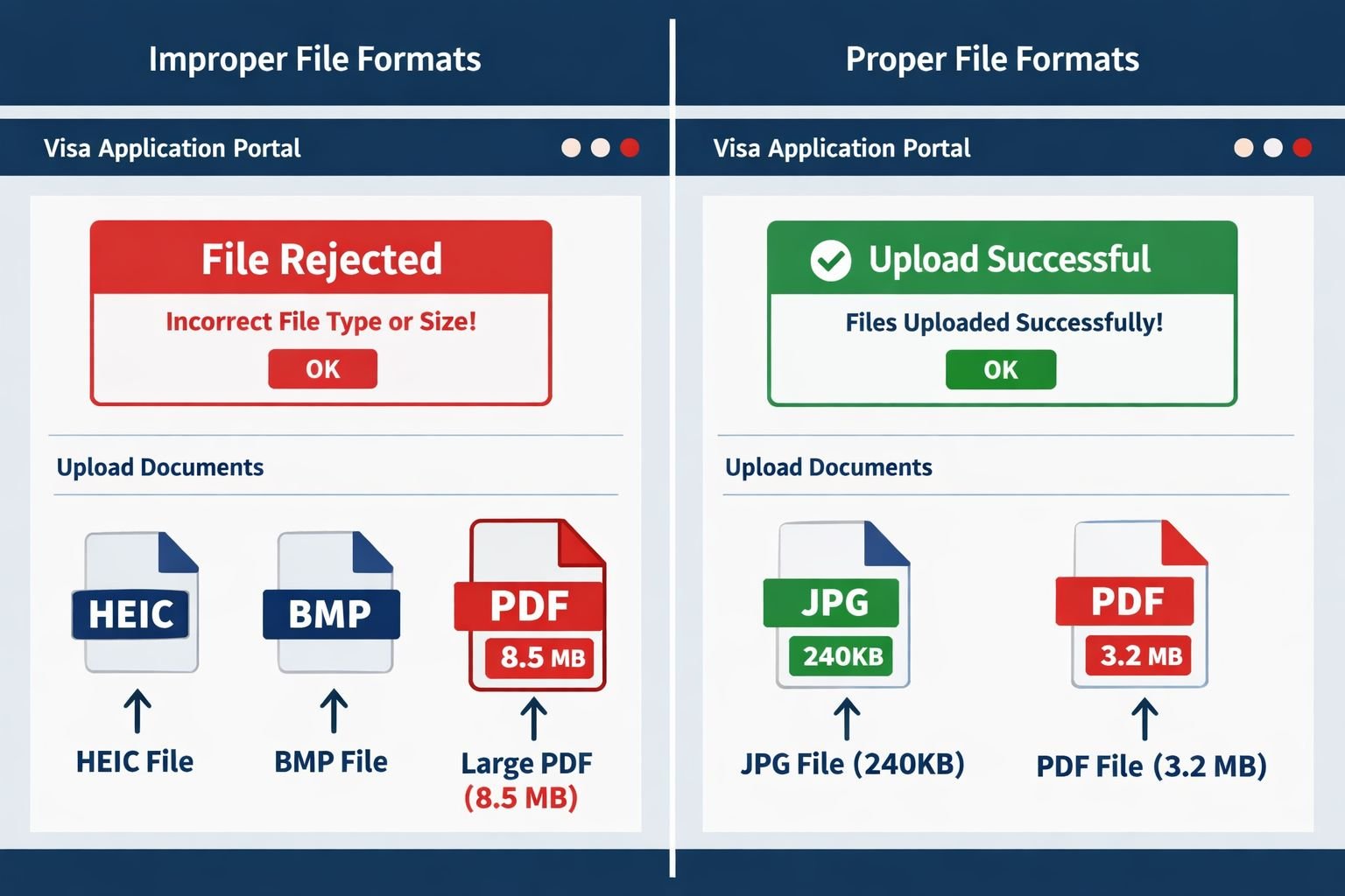 () editorial illustration showing a split-screen comparison: left side displays a red 'File Rejected' error popup on a visa