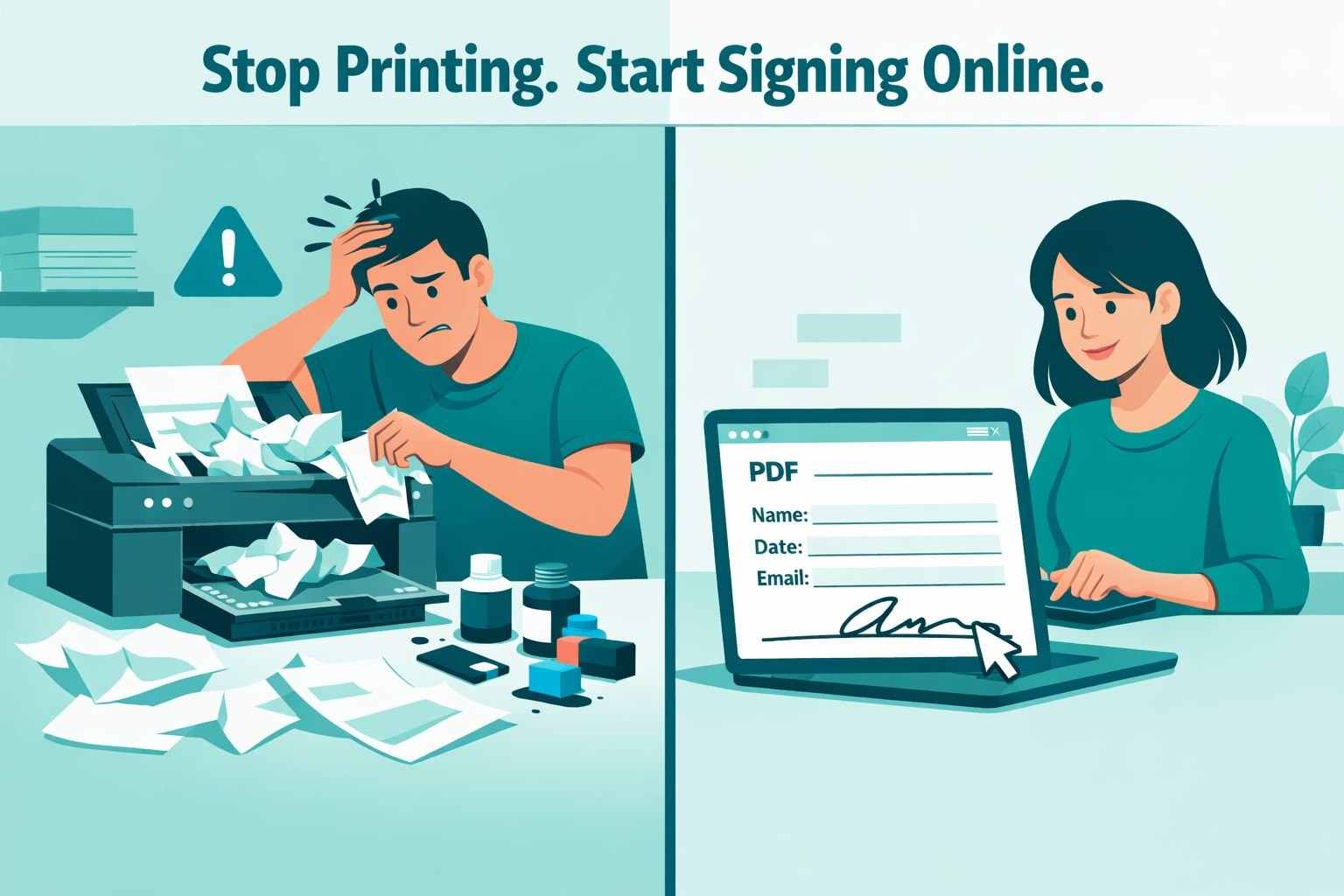 () editorial illustration showing a split-screen comparison: left side shows a frustrated person at a printer with paper