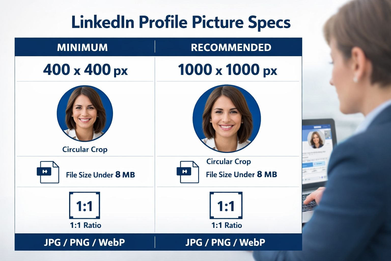 () editorial infographic showing a side-by-side comparison table of LinkedIn profile picture specs: minimum px vs