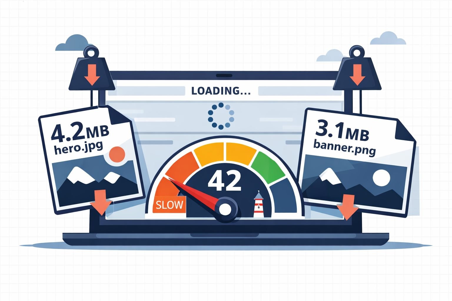 () flat-style infographic showing a slow-loading website on a laptop with a Lighthouse score gauge stuck at 42, surrounded