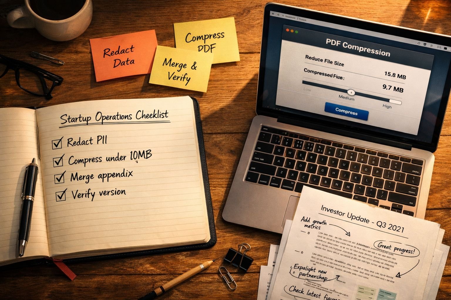 () overhead workspace photograph showing a startup operations checklist scene: an open notebook with handwritten checkmarks