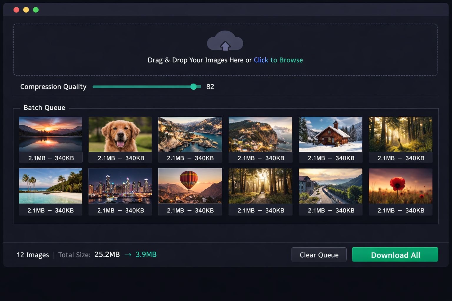 () screenshot-style illustration of a browser-based image compressor interface with a drag-and-drop zone showing 12