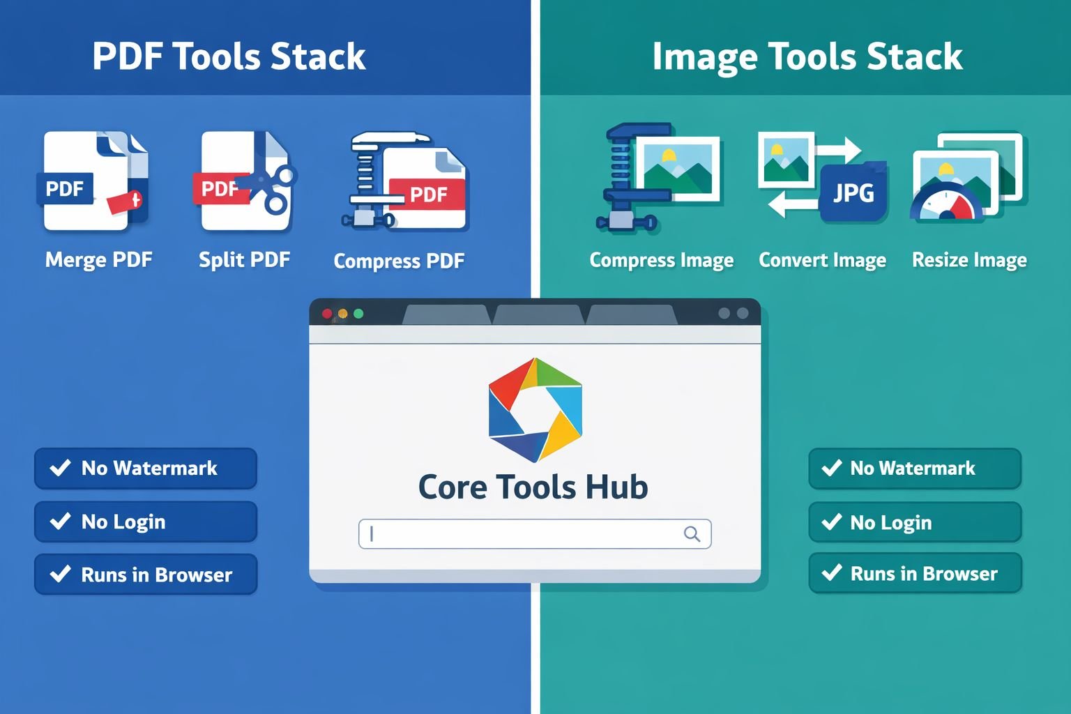 () split-panel infographic-style image comparing a PDF tools stack (left panel, blue tones) and an image tools stack (right