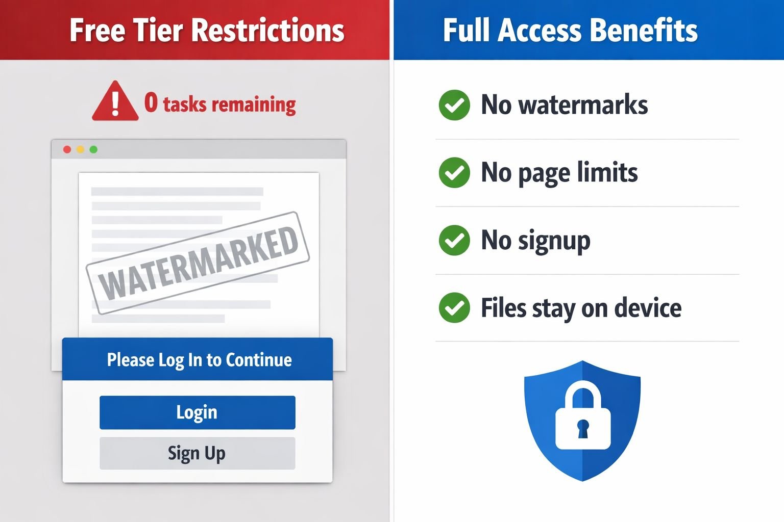 () split-screen comparison infographic showing on the left side a PDF merger tool with a red warning icon, daily limit