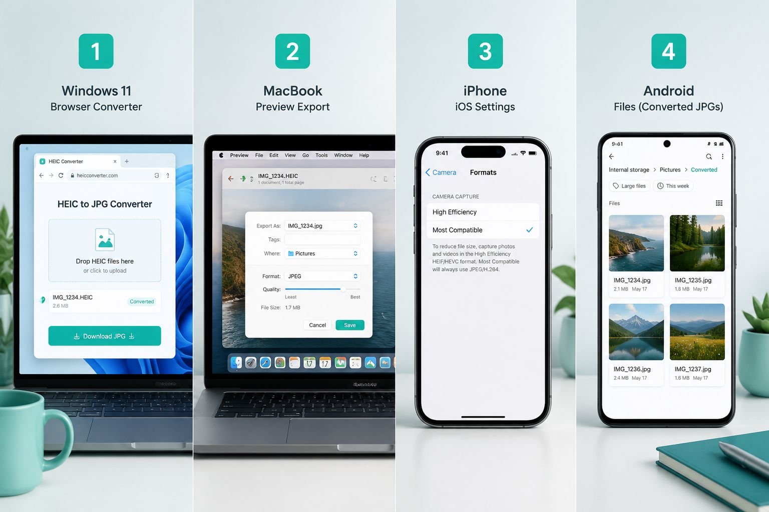 () split-screen illustration showing four device environments side by side: a Windows 11 laptop with a browser-based HEIC