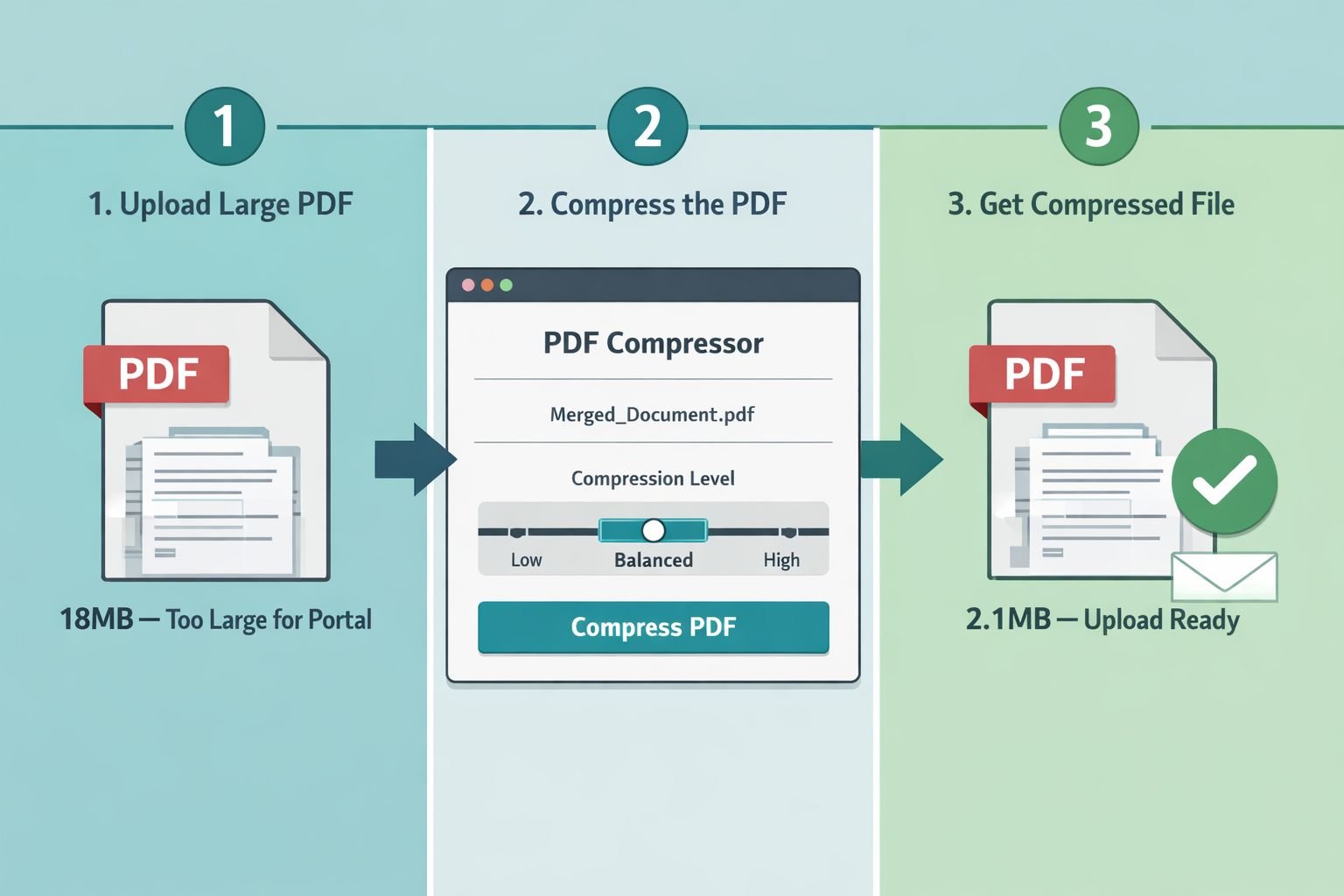 () step-by-step visual workflow diagram showing a merged PDF being compressed for email submission. Left panel shows a large