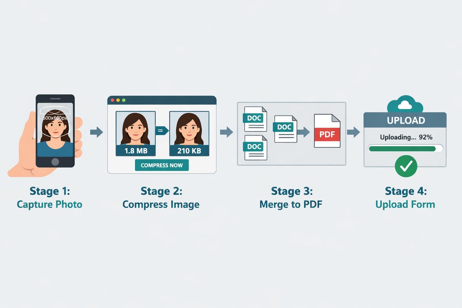 () step-by-step workflow infographic showing four connected stages on a light grey background: Stage 1 - smartphone camera