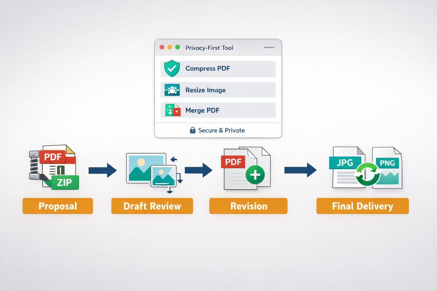 () workflow diagram illustration showing four freelance project stages arranged left to right: 'Proposal' → 'Draft Review' →