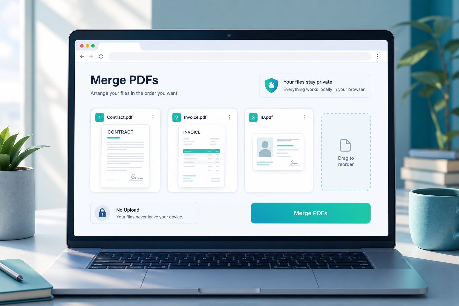 Detailed () illustration showing a browser window open on a laptop screen displaying a drag-and-drop PDF merge interface