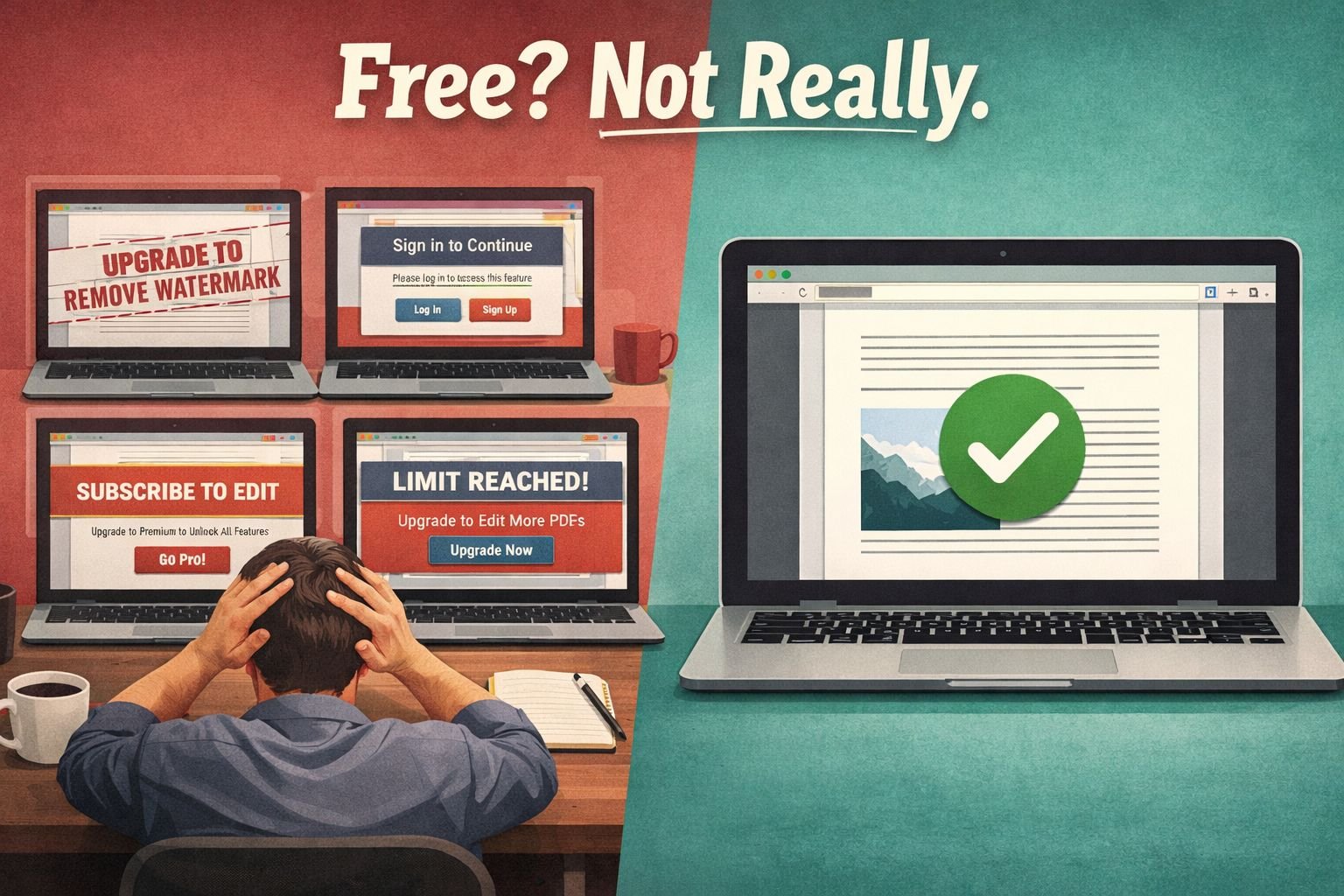 () editorial illustration showing a side-by-side comparison of five popular free PDF editor interfaces on a laptop screen —