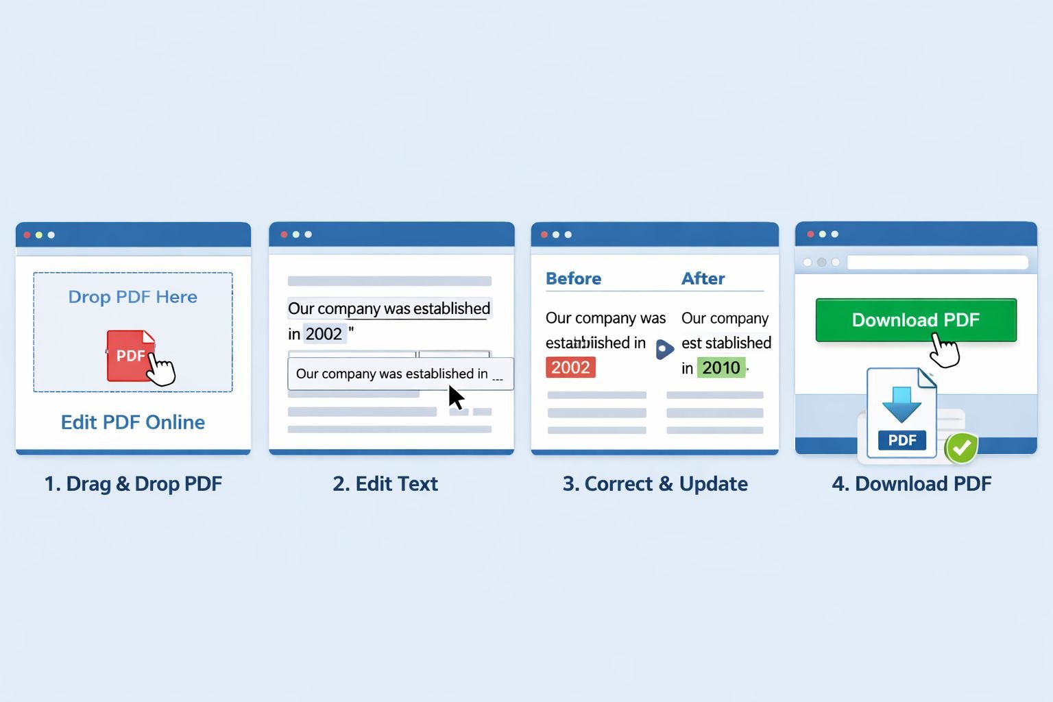 () step-by-step instructional visual showing a four-panel horizontal flow diagram: Panel 1 — browser window with PDF file