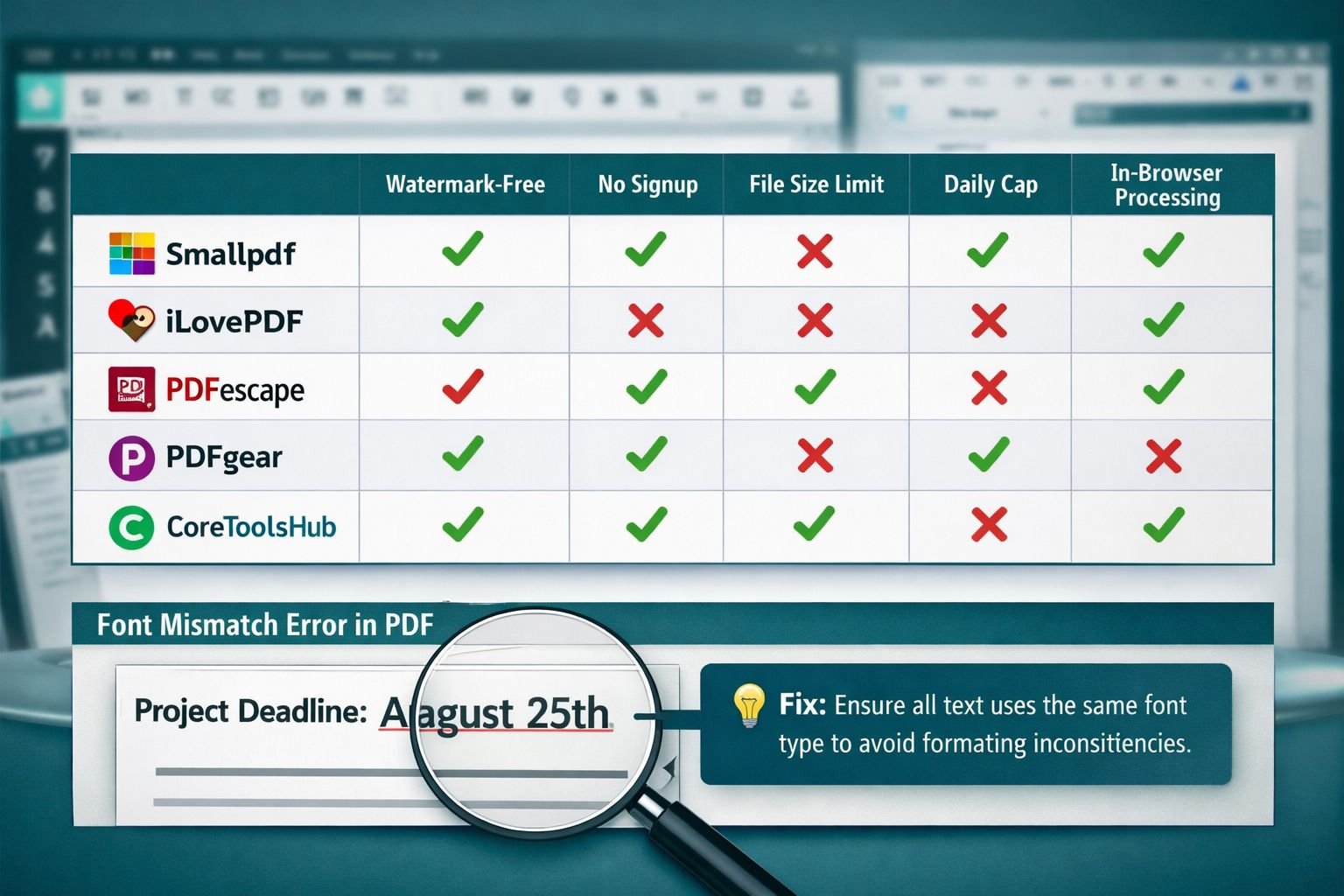 () troubleshooting and comparison infographic showing a clean data table visual with five popular PDF editor tool logos